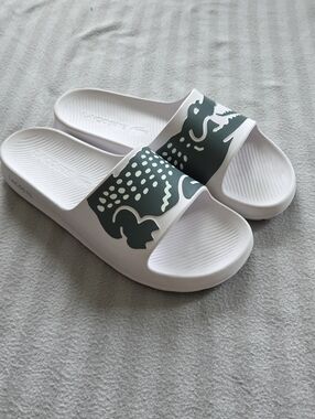 Lacoste White Slides with Dark Green Croc Graphic